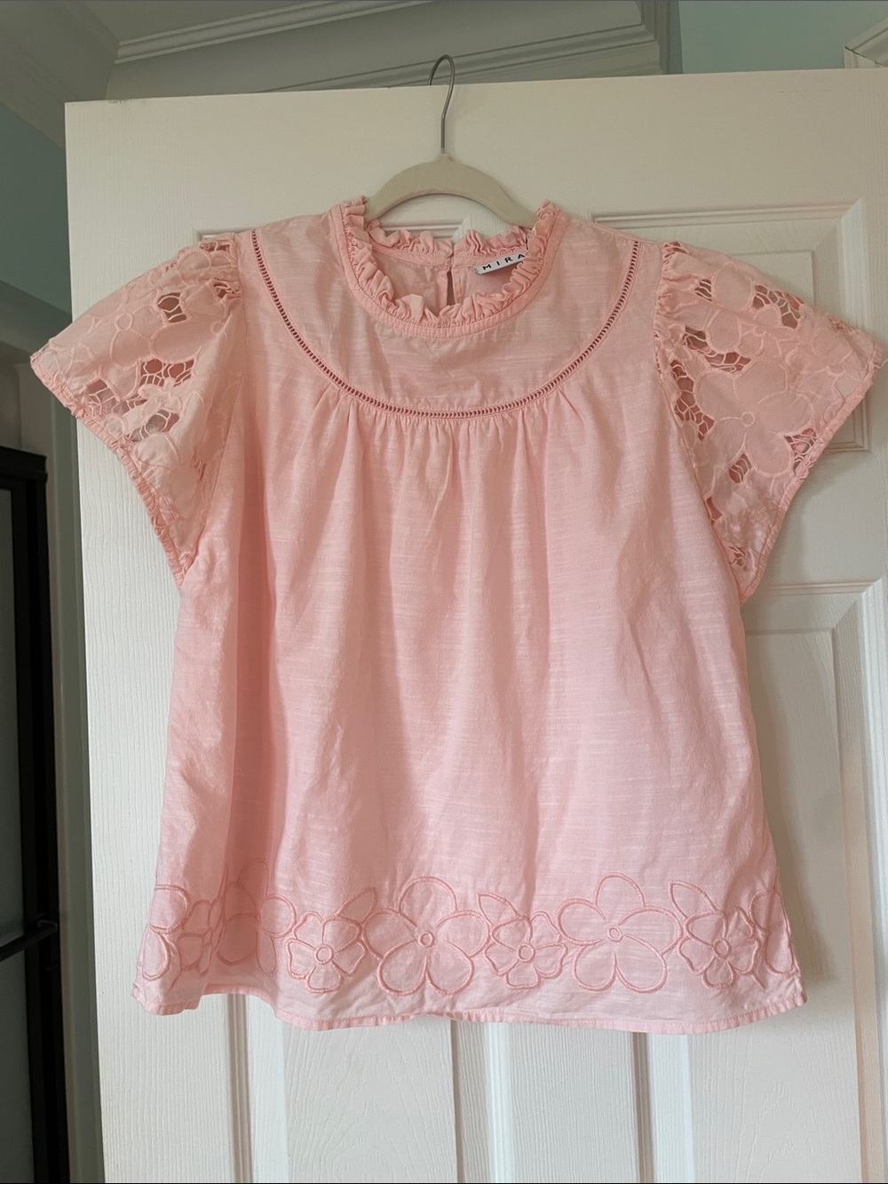 Mira Pink Eyelet Floral Short Sleeve Blouse